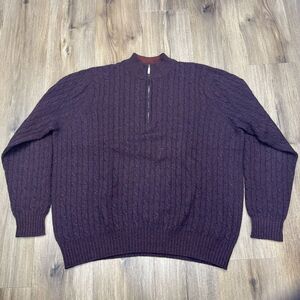 Paul Stuart Mens LARGE Cashmere Cable Knit Quarter Zip Sweater Red Blue Scotland